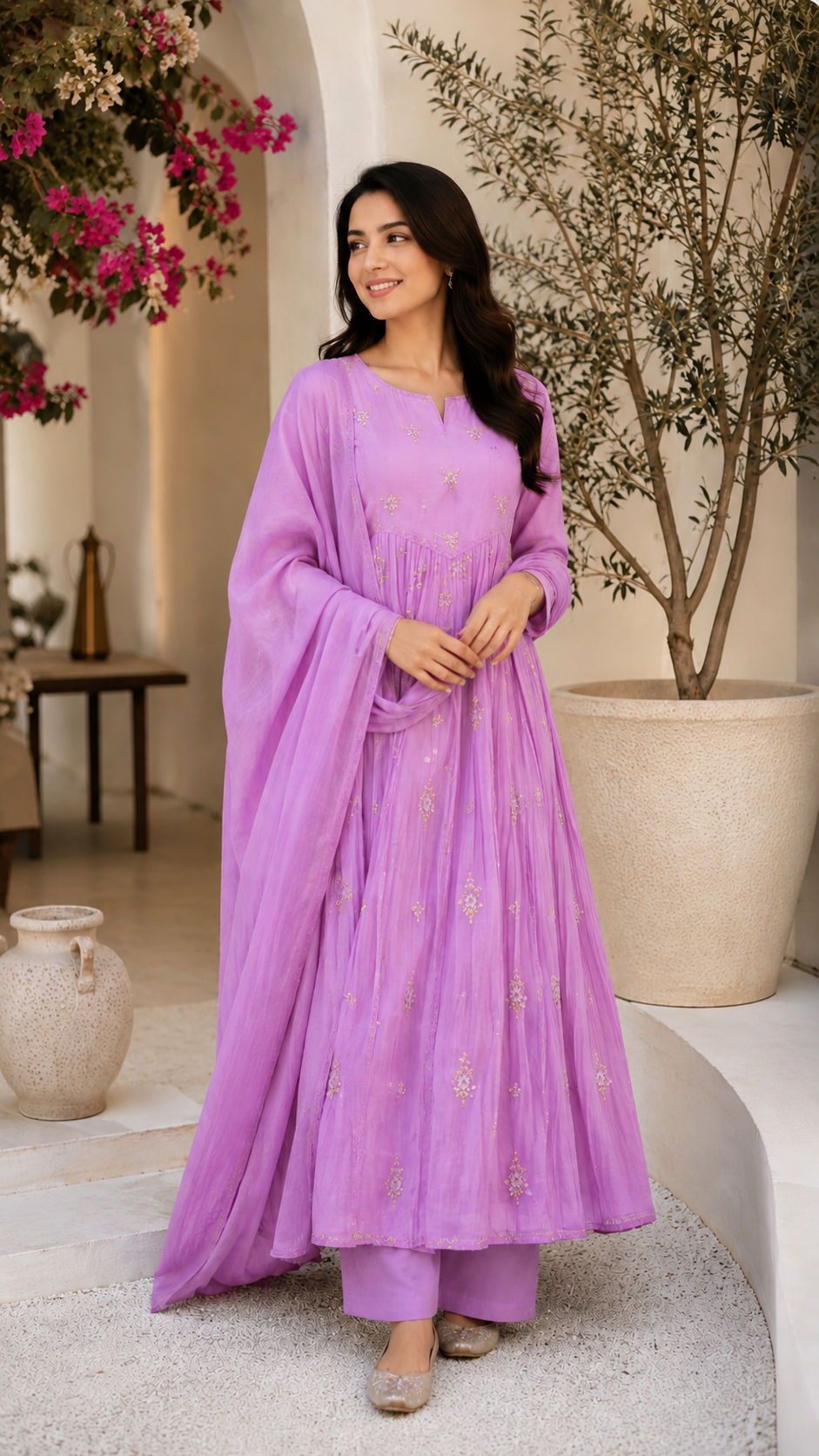 Lavender Chanderi Embroidered Anarkali Suit Set with Dupatta & Pants