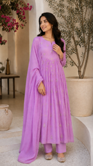 Lavender Chanderi Embroidered Anarkali Suit Set with Dupatta & Pants