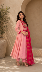 Blush Pink Embroidered A-Line Kurta Set with Fuchsia Woven Dupatta