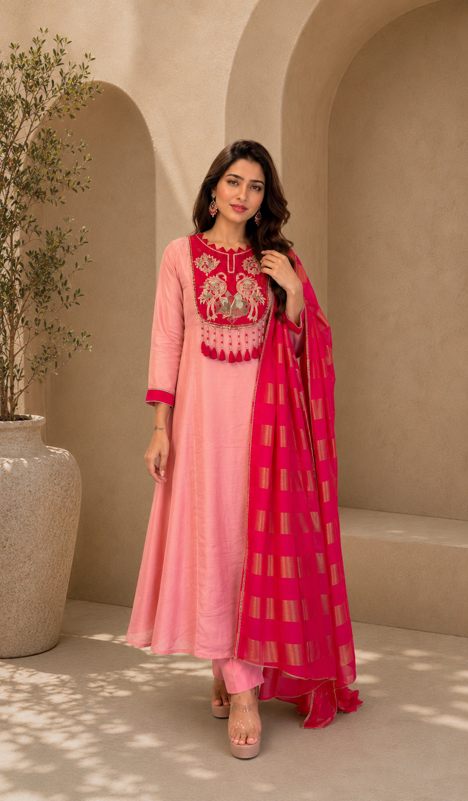 Blush Pink Embroidered A-Line Kurta Set with Fuchsia Woven Dupatta