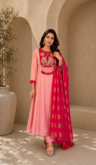 Blush Pink Embroidered A-Line Kurta Set with Fuchsia Woven Dupatta