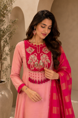 Blush Pink Embroidered A-Line Kurta Set with Fuchsia Woven Dupatta