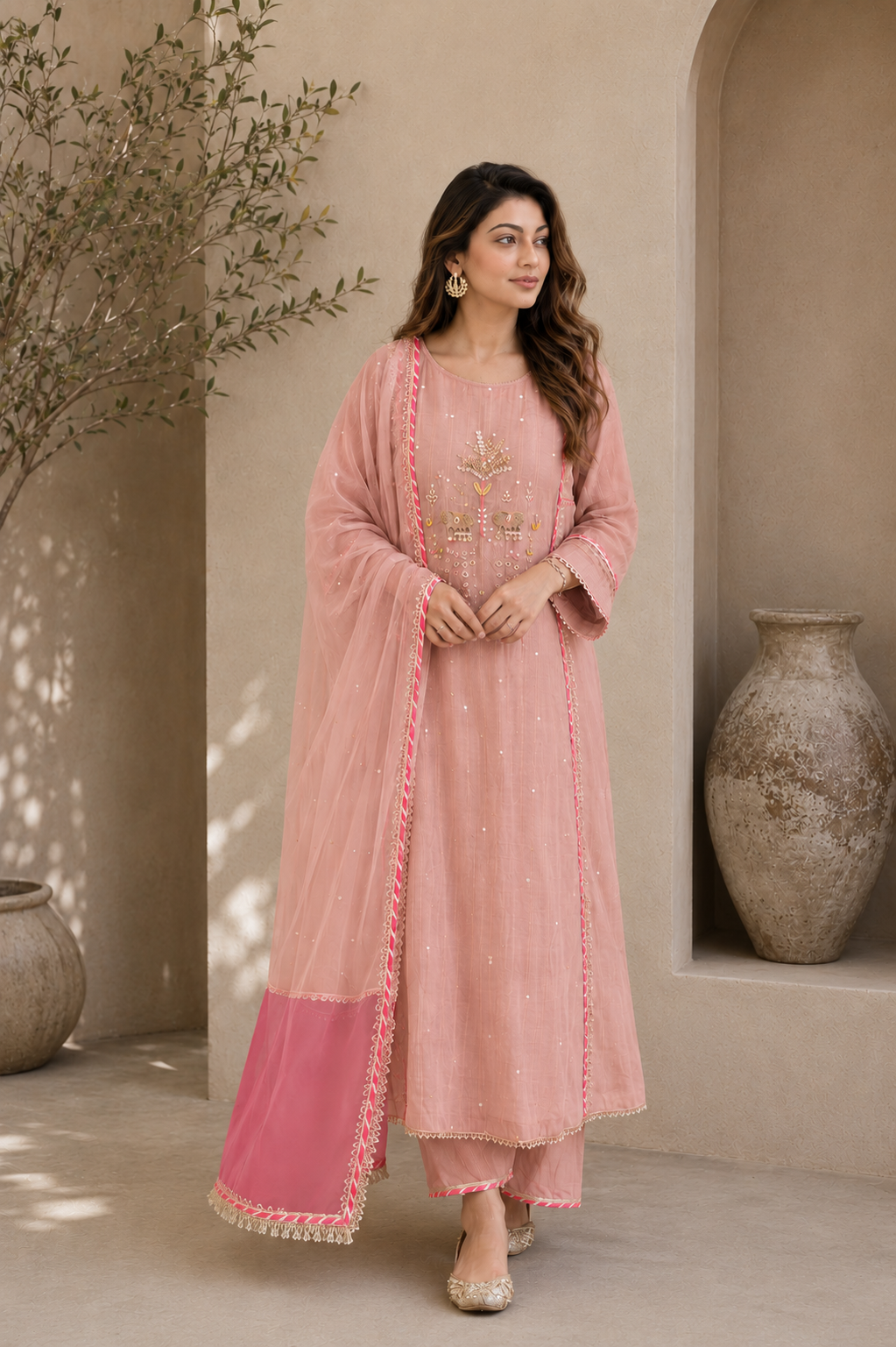 Elegant Embroidered Cotton Blend Kurta Set with Contrast Pink Dupatta