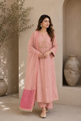 Elegant Embroidered Cotton Blend Kurta Set with Contrast Pink Dupatta