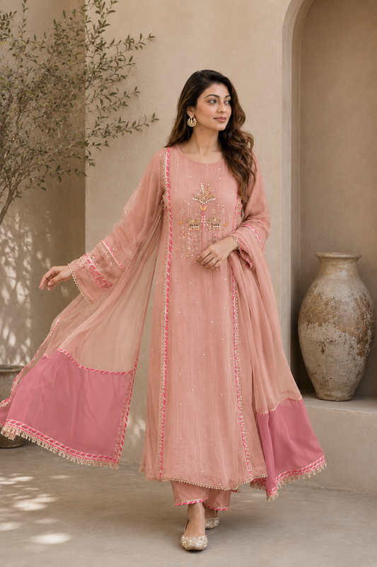 Elegant Embroidered Cotton Blend Kurta Set with Contrast Pink Dupatta