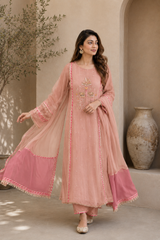 Elegant Embroidered Cotton Blend Kurta Set with Contrast Pink Dupatta