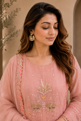 Elegant Embroidered Cotton Blend Kurta Set with Contrast Pink Dupatta