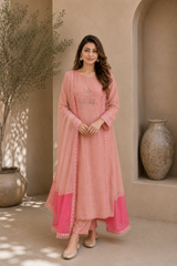 Elegant Embroidered Cotton Blend Kurta Set with Contrast Pink Dupatta