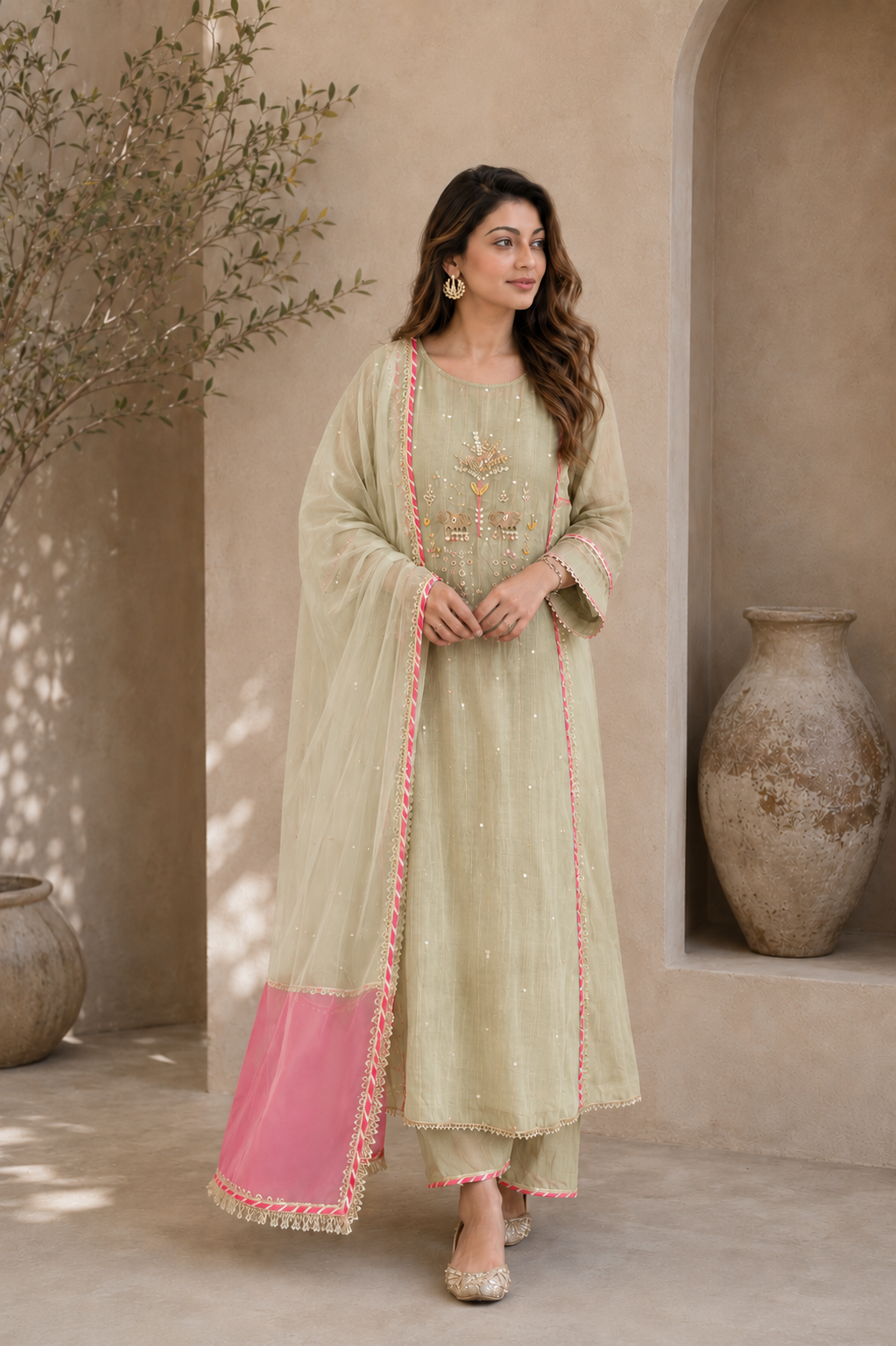Elegant Embroidered Cotton Blend Kurta Set with Contrast Pink Dupatta