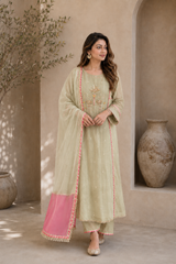 Elegant Embroidered Cotton Blend Kurta Set with Contrast Pink Dupatta