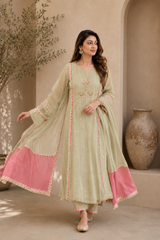 Elegant Embroidered Cotton Blend Kurta Set with Contrast Pink Dupatta