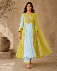 Mint Green Embroidered Anarkali Suit Set with Lime Dupatta