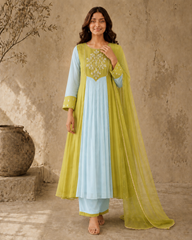 Mint Green Embroidered Anarkali Suit Set with Lime Dupatta