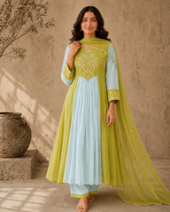 Mint Green Embroidered Anarkali Suit Set with Lime Dupatta