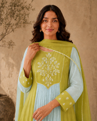 Mint Green Embroidered Anarkali Suit Set with Lime Dupatta