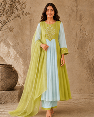 Mint Green Embroidered Anarkali Suit Set with Lime Dupatta