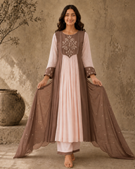 Brown Embroidered Anarkali Suit Set with Brown Dupatta