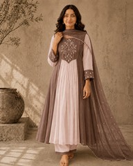 Brown Embroidered Anarkali Suit Set with Brown Dupatta
