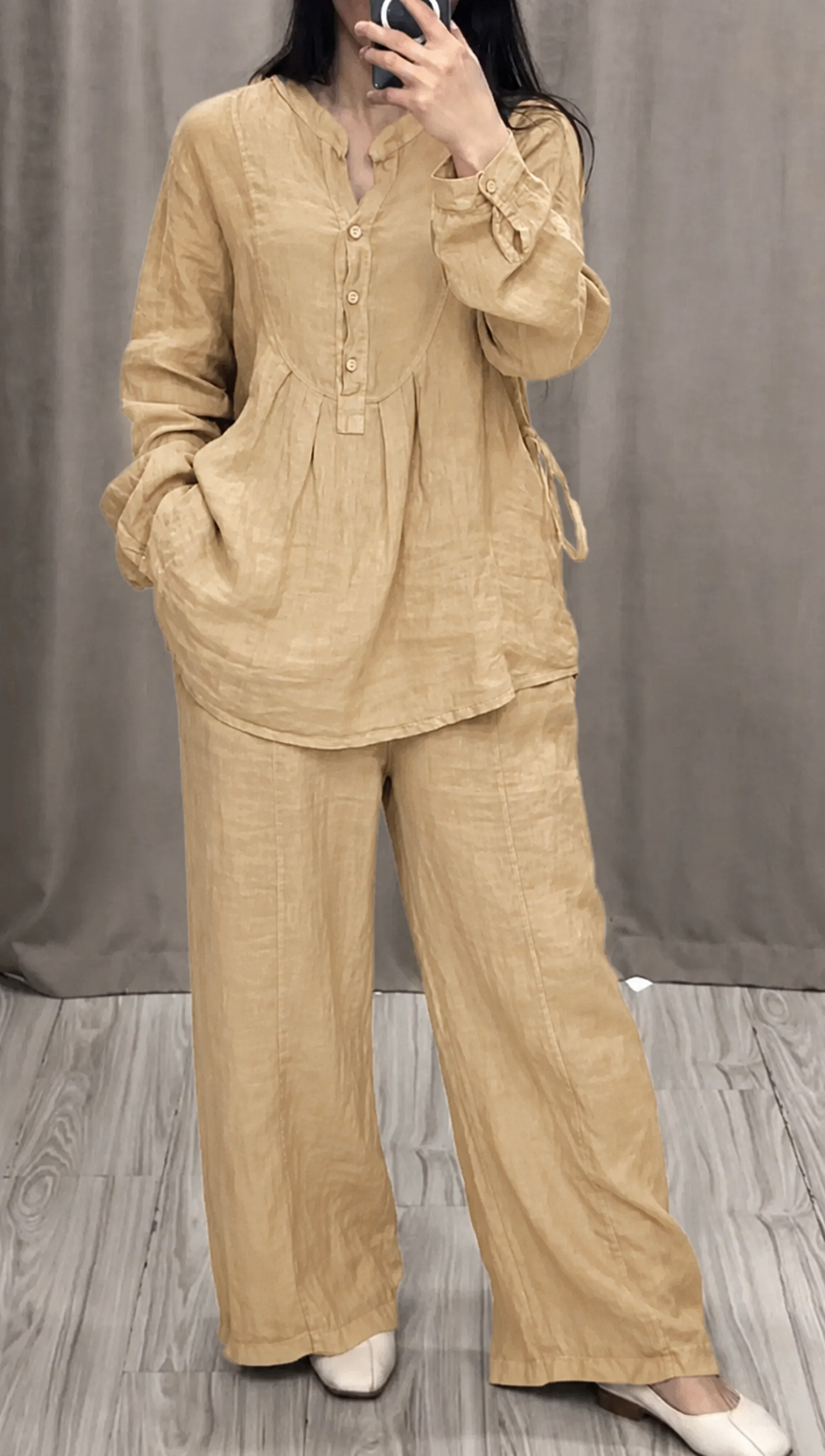 Relaxed Fit Mandarin Collar Shirt with Wide Leg Pants