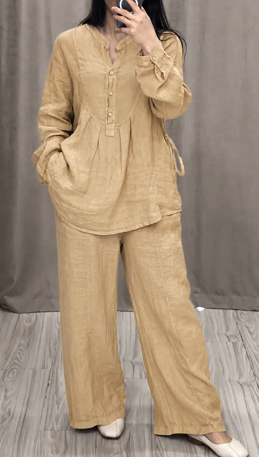 Relaxed Fit Mandarin Collar Shirt with Wide Leg Pants