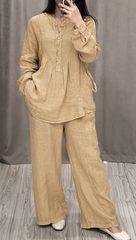 Relaxed Fit Mandarin Collar Shirt with Wide Leg Pants