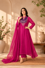 Women's Fuchsia Embroidered Anarkali Suit Set with Dupatta