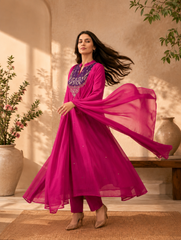 Women's Fuchsia Embroidered Anarkali Suit Set with Dupatta