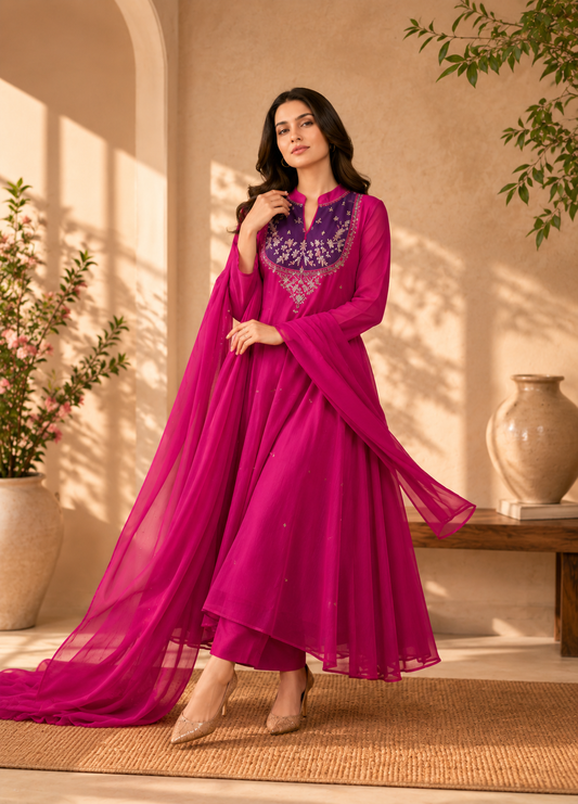 Women's Fuchsia Embroidered Anarkali Suit Set with Dupatta