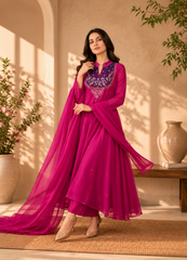 Women's Fuchsia Embroidered Anarkali Suit Set with Dupatta