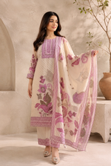 Beige & Magenta Floral Printed Soft Silk Suit Set With Embroidered Neckline & Dupatta