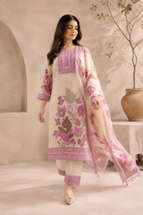 Beige & Magenta Floral Printed Soft Silk Suit Set With Embroidered Neckline & Dupatta