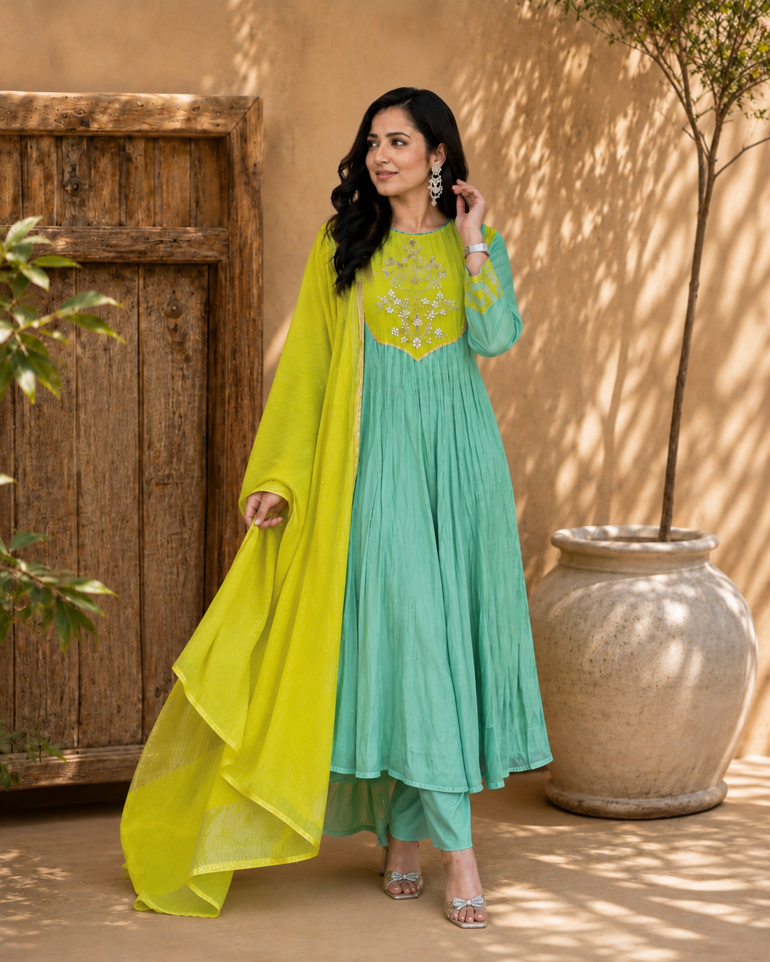 Mint Green Embroidered Anarkali Suit Set with Lime Dupatta