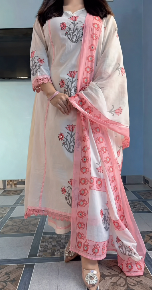 Elegant Blush Pink Floral Printed Cotton Suit Set with Dupatta