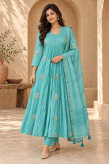 Blue Embroidered Anarkali Suit Set with Dupatta