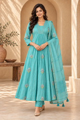 Blue Embroidered Anarkali Suit Set with Dupatta
