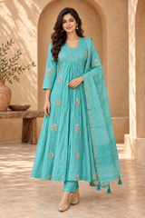 Blue Embroidered Anarkali Suit Set with Dupatta
