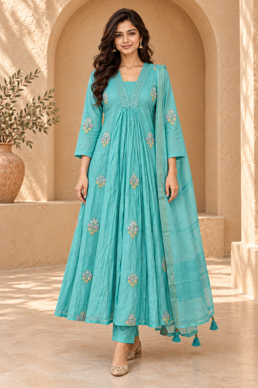Blue Embroidered Anarkali Suit Set with Dupatta