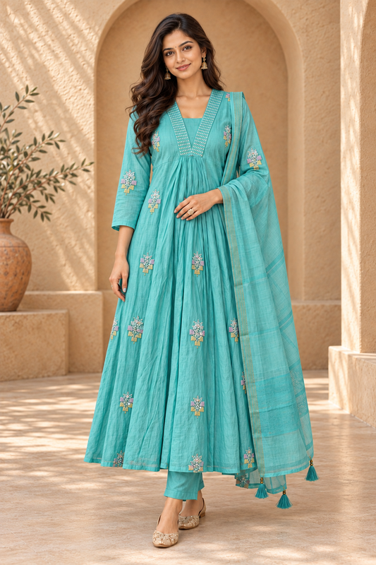 Blue Embroidered Anarkali Suit Set with Dupatta