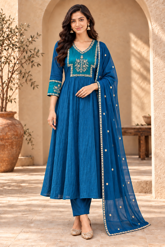 Royal Blue Embroidered Anarkali Suit Set with Designer Dupatta