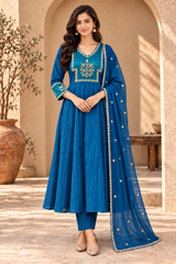 Royal Blue Embroidered Anarkali Suit Set with Designer Dupatta