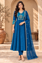 Royal Blue Embroidered Anarkali Suit Set with Designer Dupatta