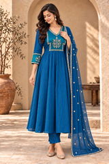 Royal Blue Embroidered Anarkali Suit Set with Designer Dupatta