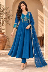 Royal Blue Embroidered Anarkali Suit Set with Designer Dupatta