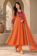 Elegant Orange Embroidered Anarkali Suit Set with Designer Dupatta