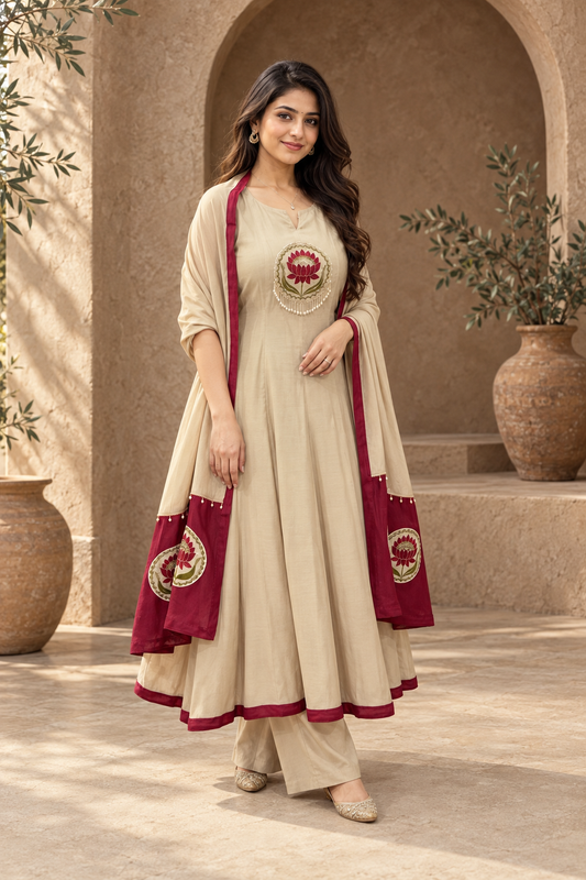 Lotus Embroidered Anarkali Set with Dupatta