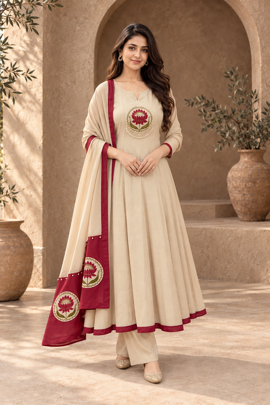 Lotus Embroidered Anarkali Set with Dupatta