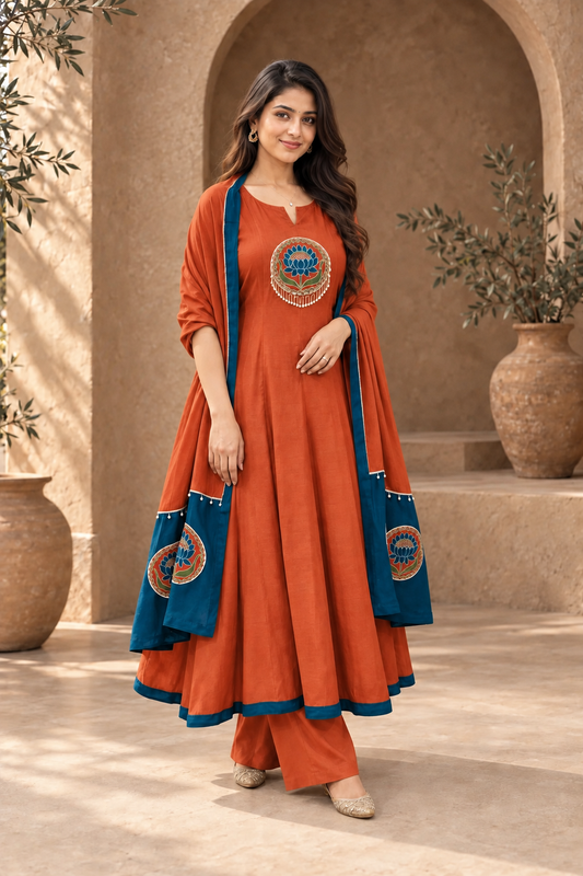Lotus Embroidered Anarkali Set with Dupatta