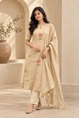 Elegant Cream Embroidered Kurta Pant Set with Dupatta