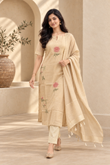 Elegant Cream Embroidered Kurta Pant Set with Dupatta