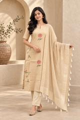 Elegant Cream Embroidered Kurta Pant Set with Dupatta